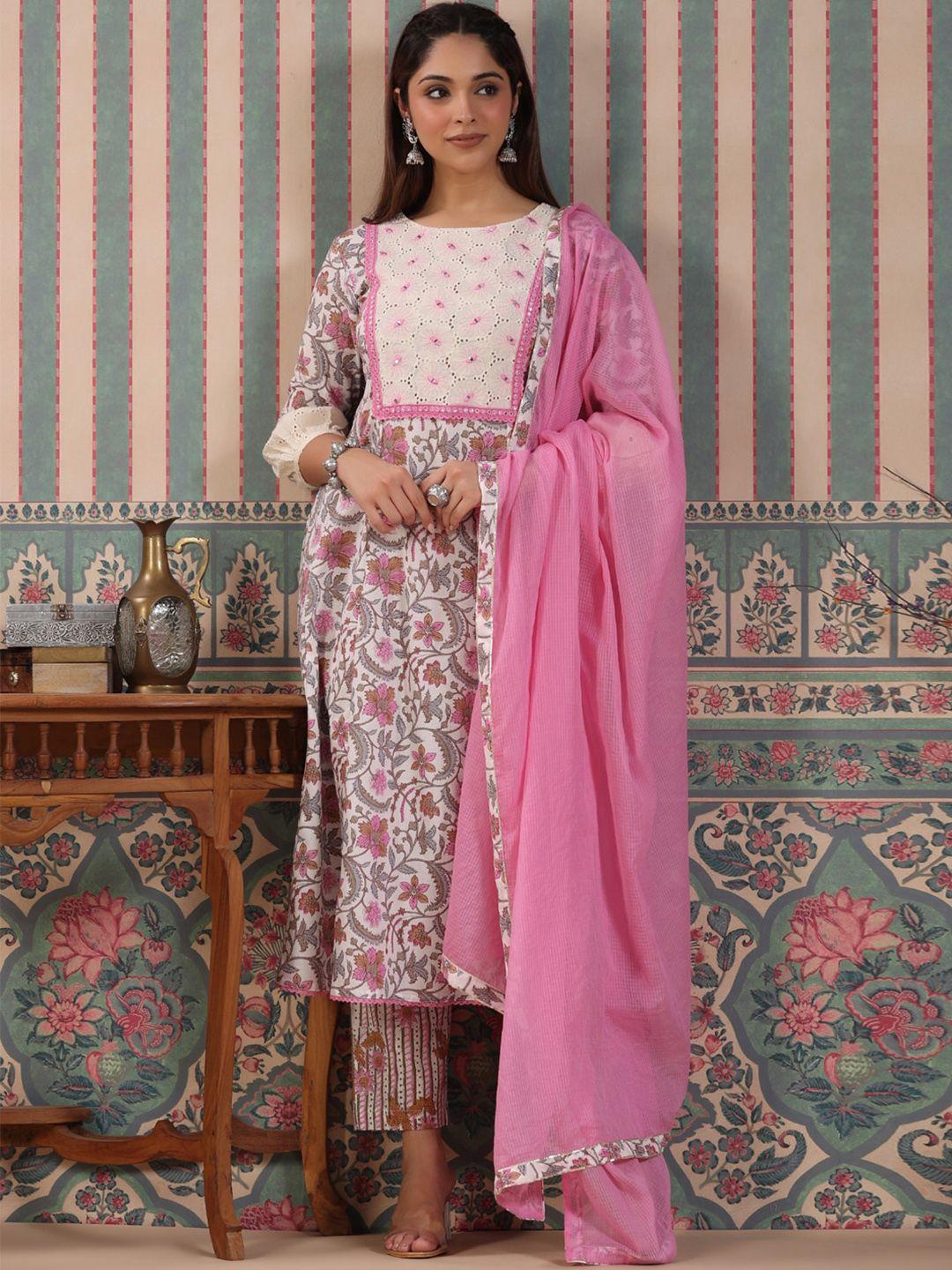 readiprint fashions women pink floral printed empire mirror work pure cotton kurti with palazzos & with