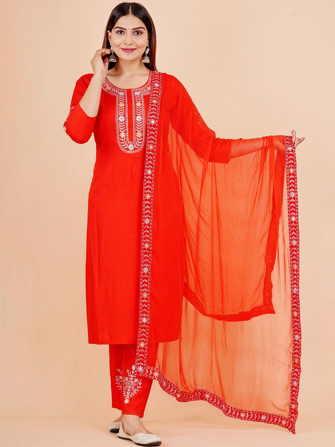 kalini women red floral embroidered regular sequinned kurta with trousers & with dupatta