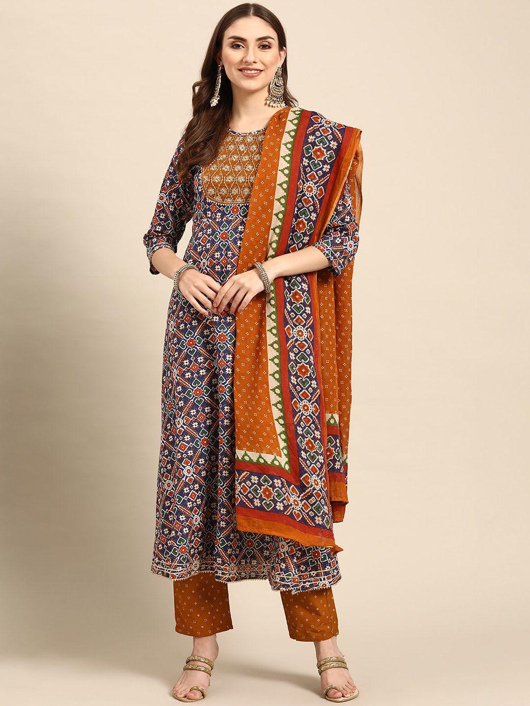 kalini women brown floral printed pleated zardozi kurta with trousers & with dupatta