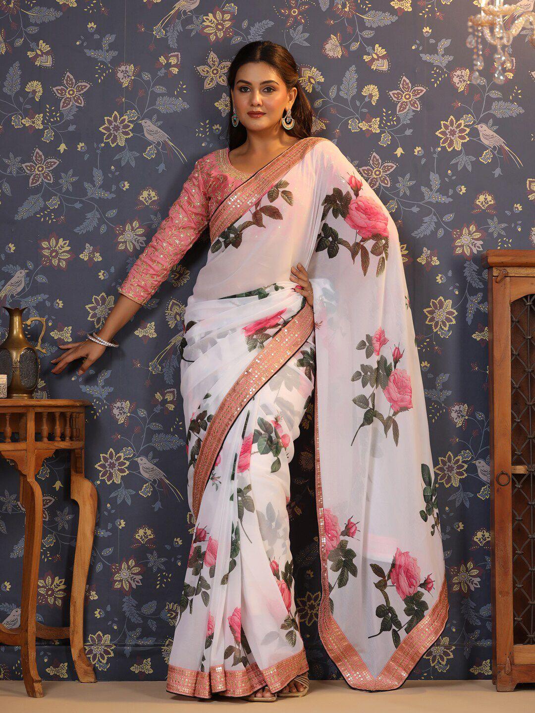 house of pataudi floral printed sequinned pure georgette saree