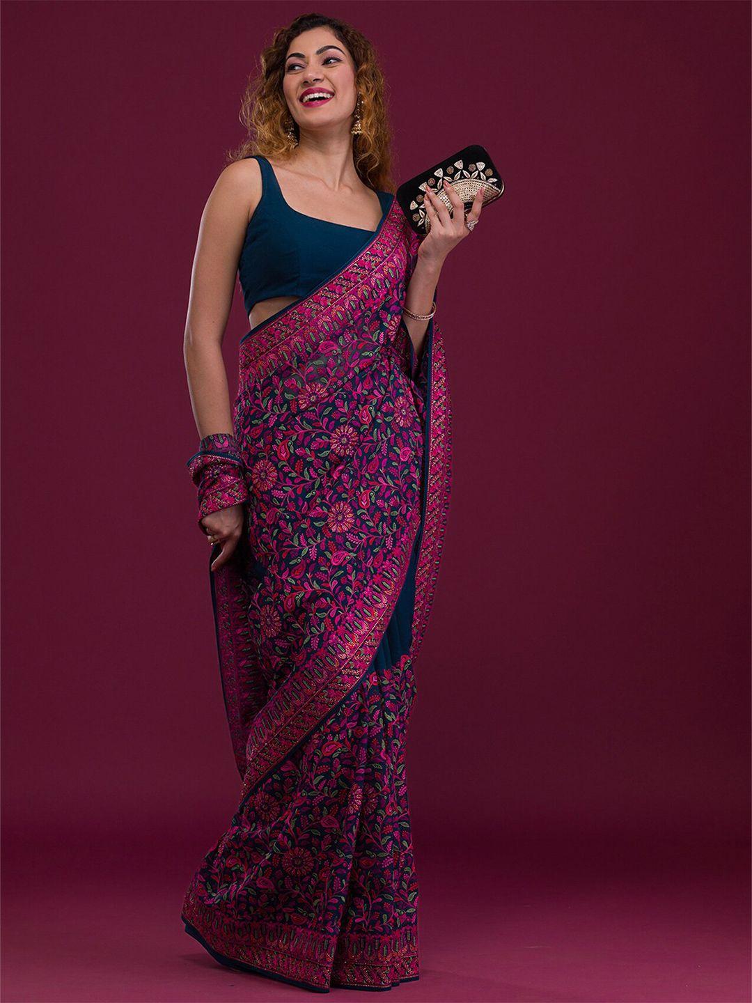 koskii blue & magenta paisley embroidered poly georgette saree