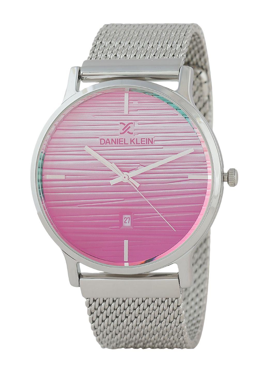 daniel klein men pink printed dial & silver toned bracelet style straps analogue watch dk12125-2