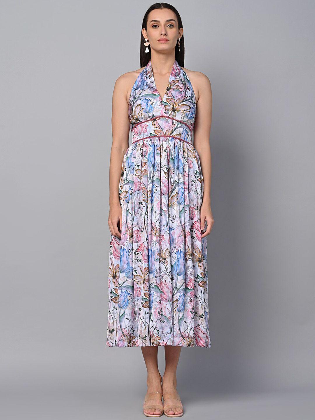 justin whyte white floral print halter neck chiffon fit & flare midi dress