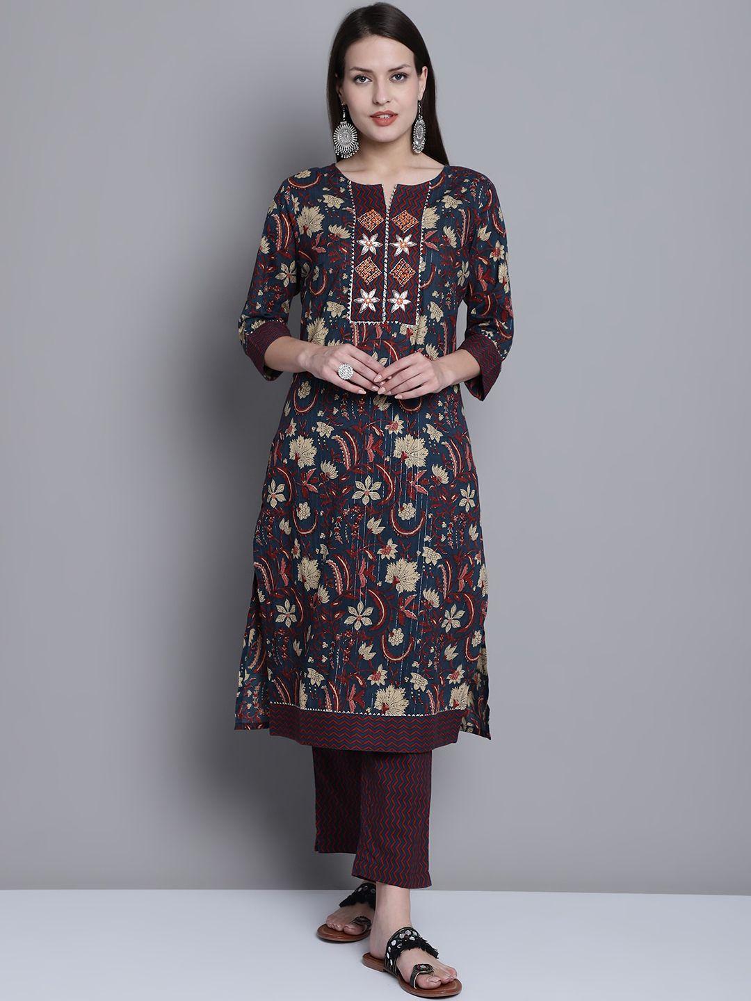 cantabil women navy blue floral printed regular gotta patti pure cotton kurta with trousers