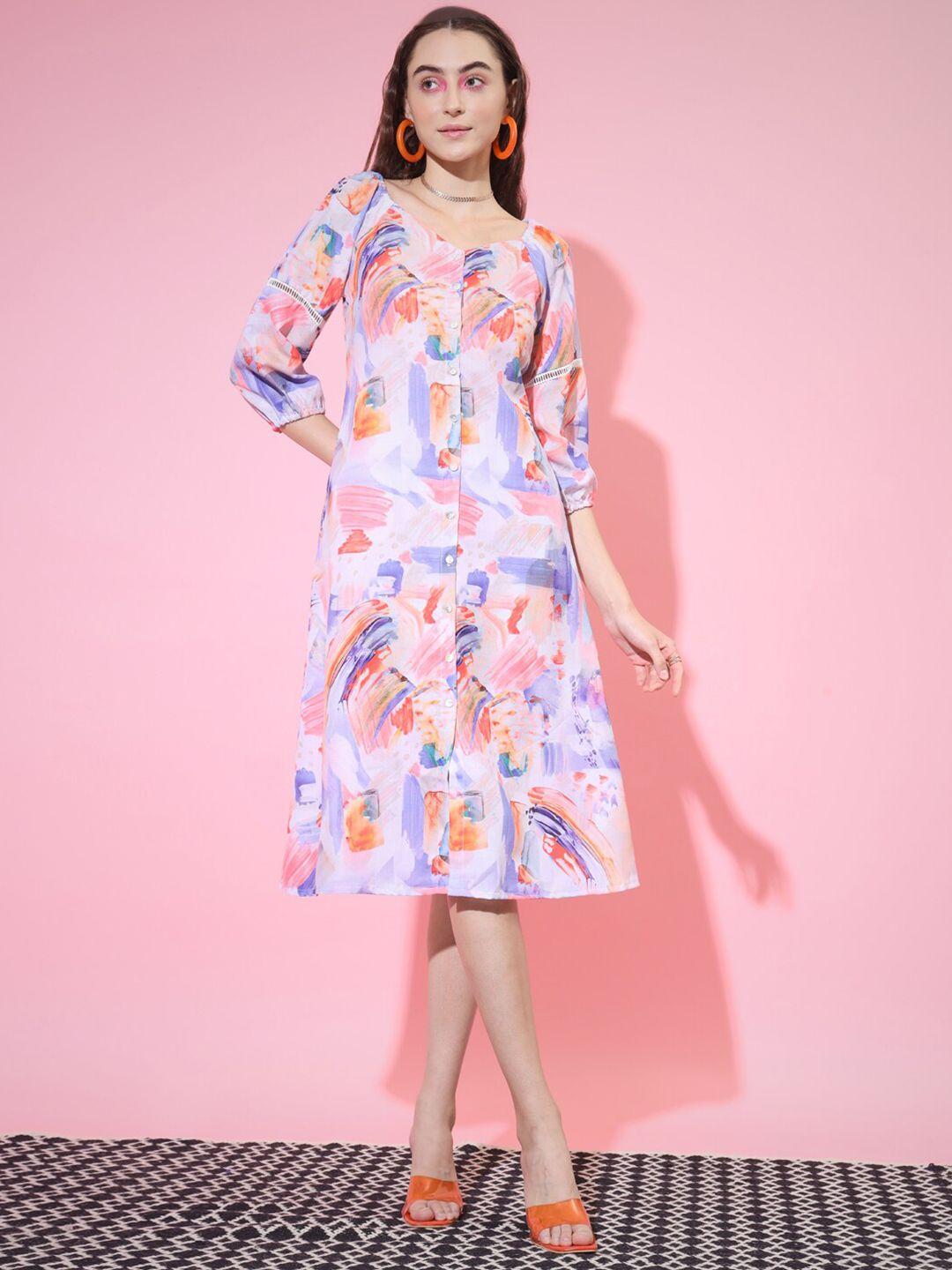 sangria abstract printed cuffed sleeves a-line dress