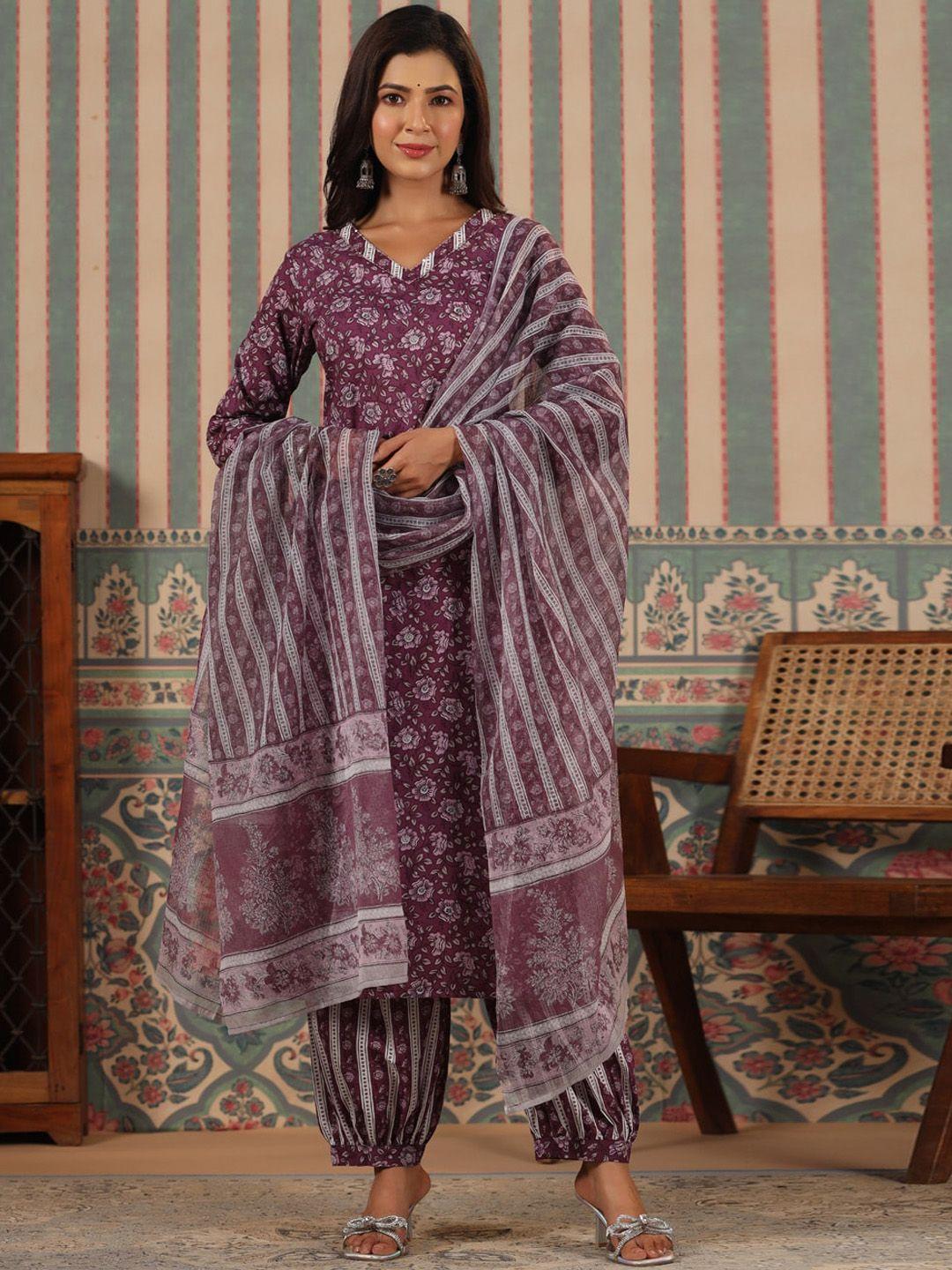 readiprint fashions women violet floral printed regular pure cotton kurta with trousers & with dupatta