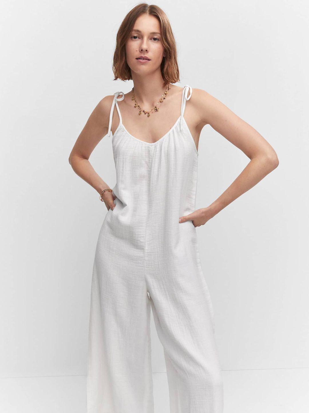 mango gathered & tie-up detail shoulder straps pure cotton cropped culotte jumpsuit