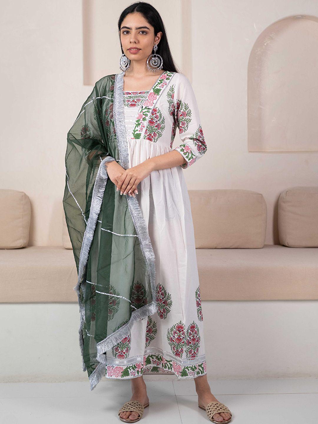 sangria ethnic printed pure cotton fit & flare ethnic dresses with dupatta