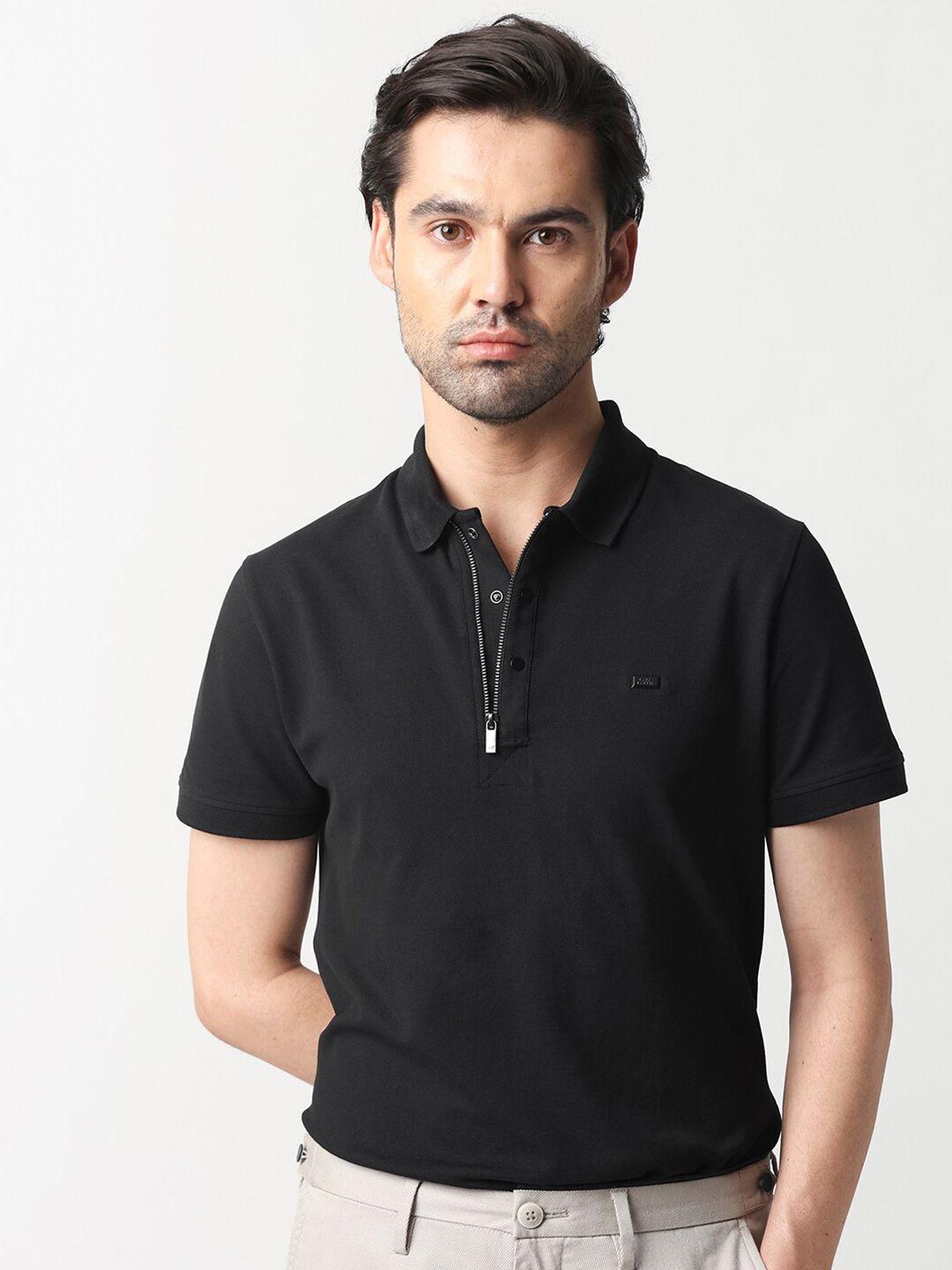 rare rabbit men black polo collar pockets slim fit t-shirt