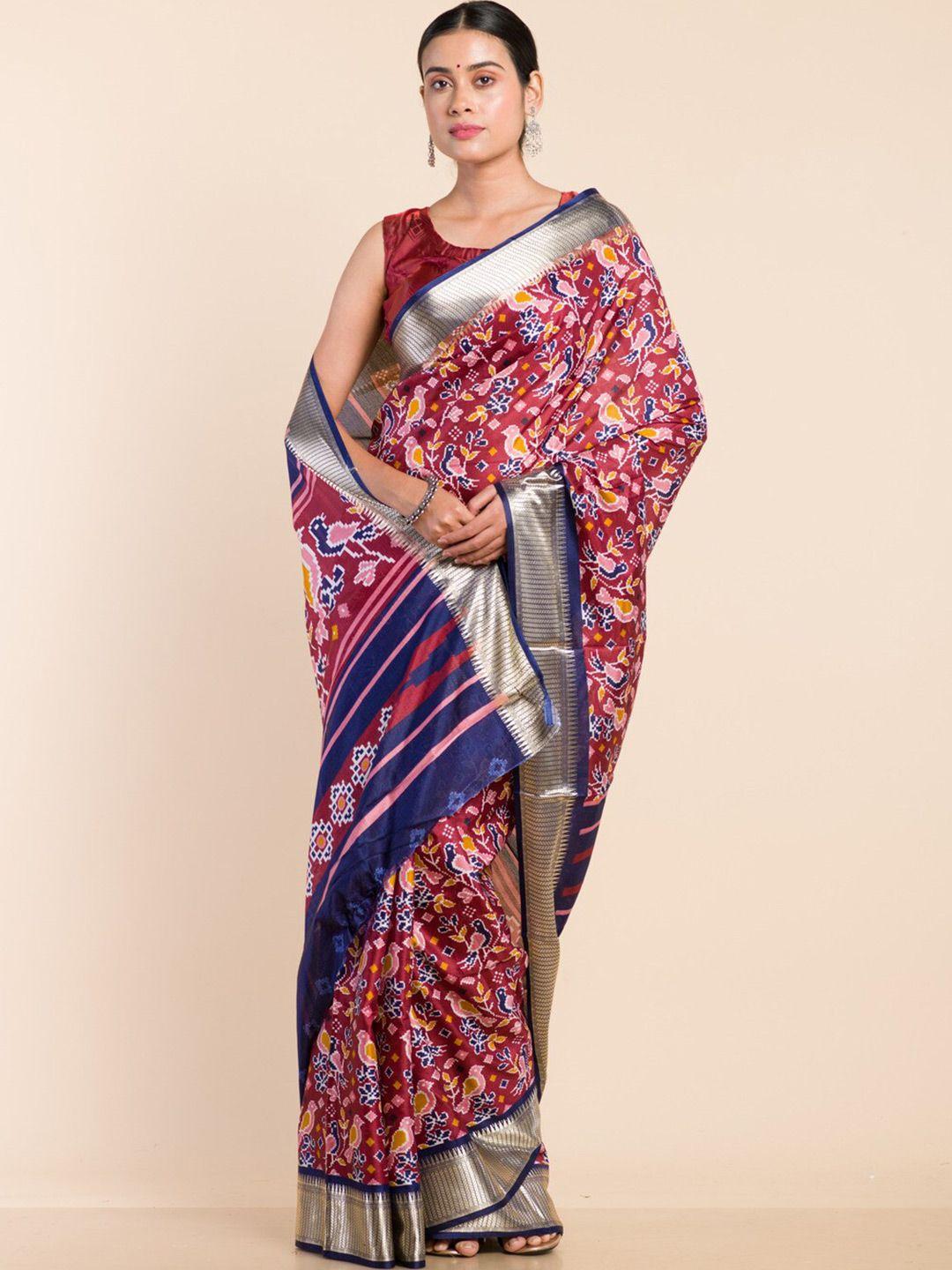 here&now maroon & blue ethnic motifs printed zari patola saree