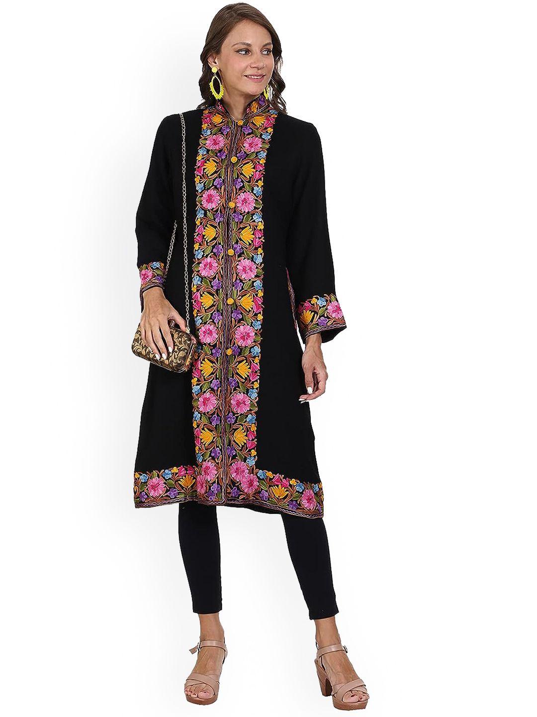 craftbazar floral embroidered mandarin collar woollen a-line kurta