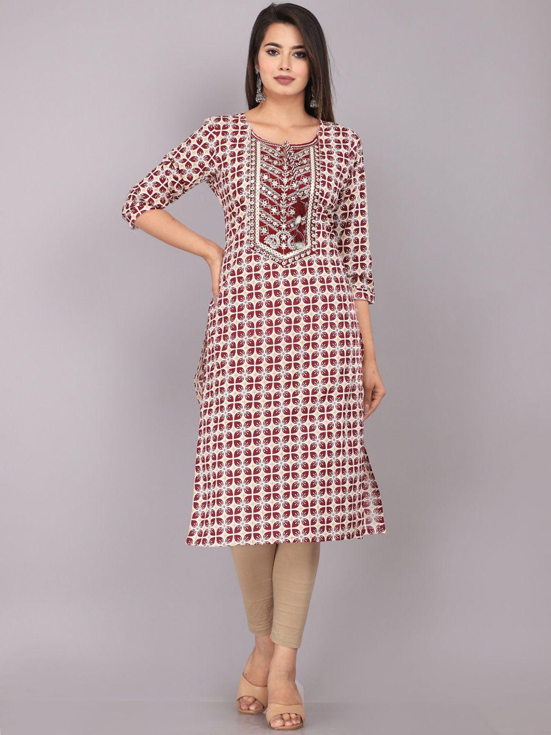 kalini women maroon geometric printed flared sleeves thread work kurta