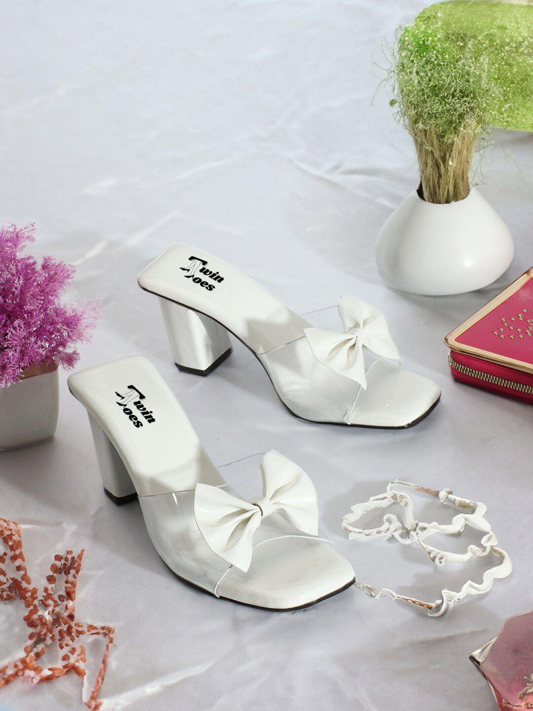 twin toes bow embellished block heels