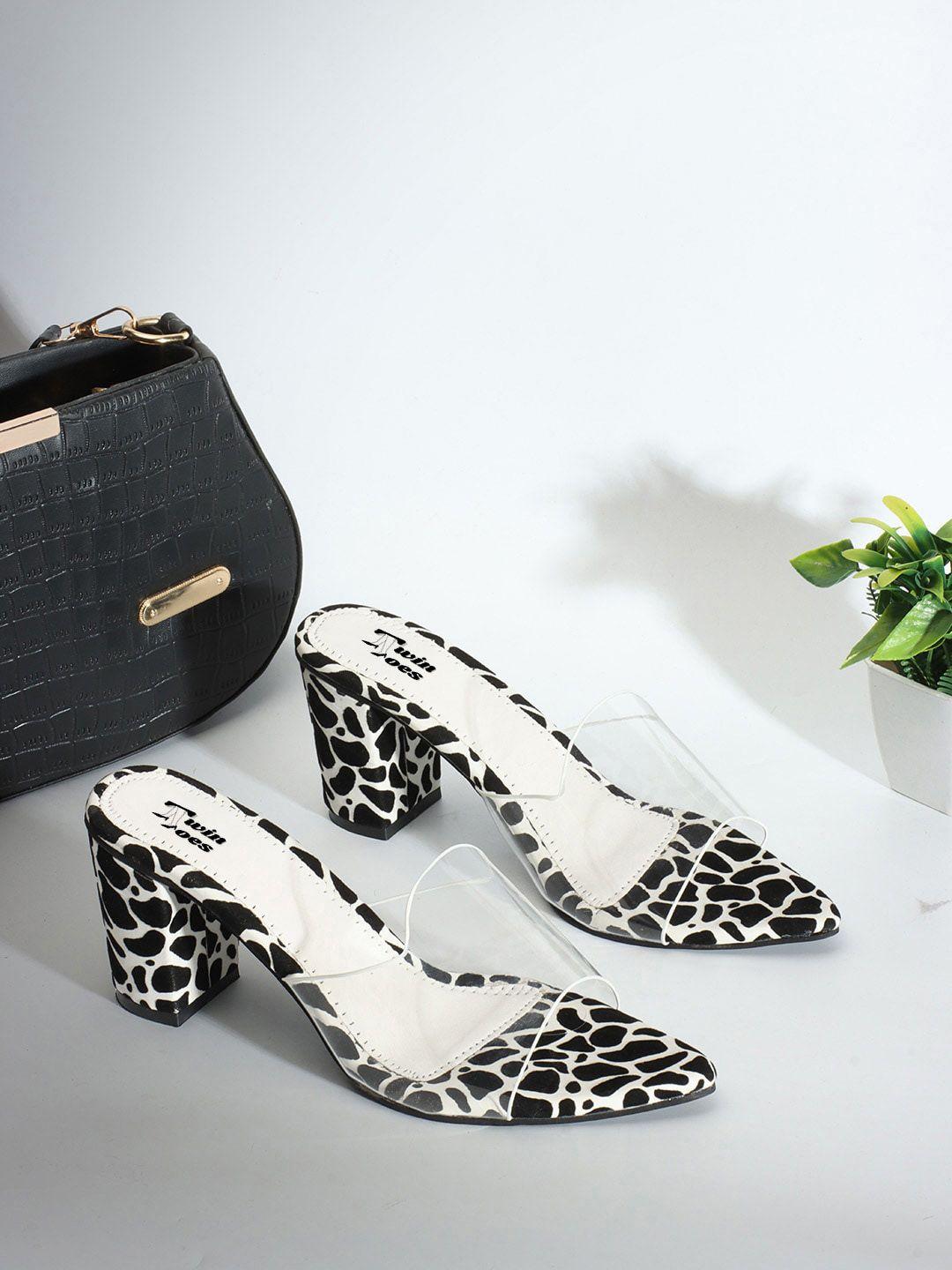 twin toes printed open toe block heels