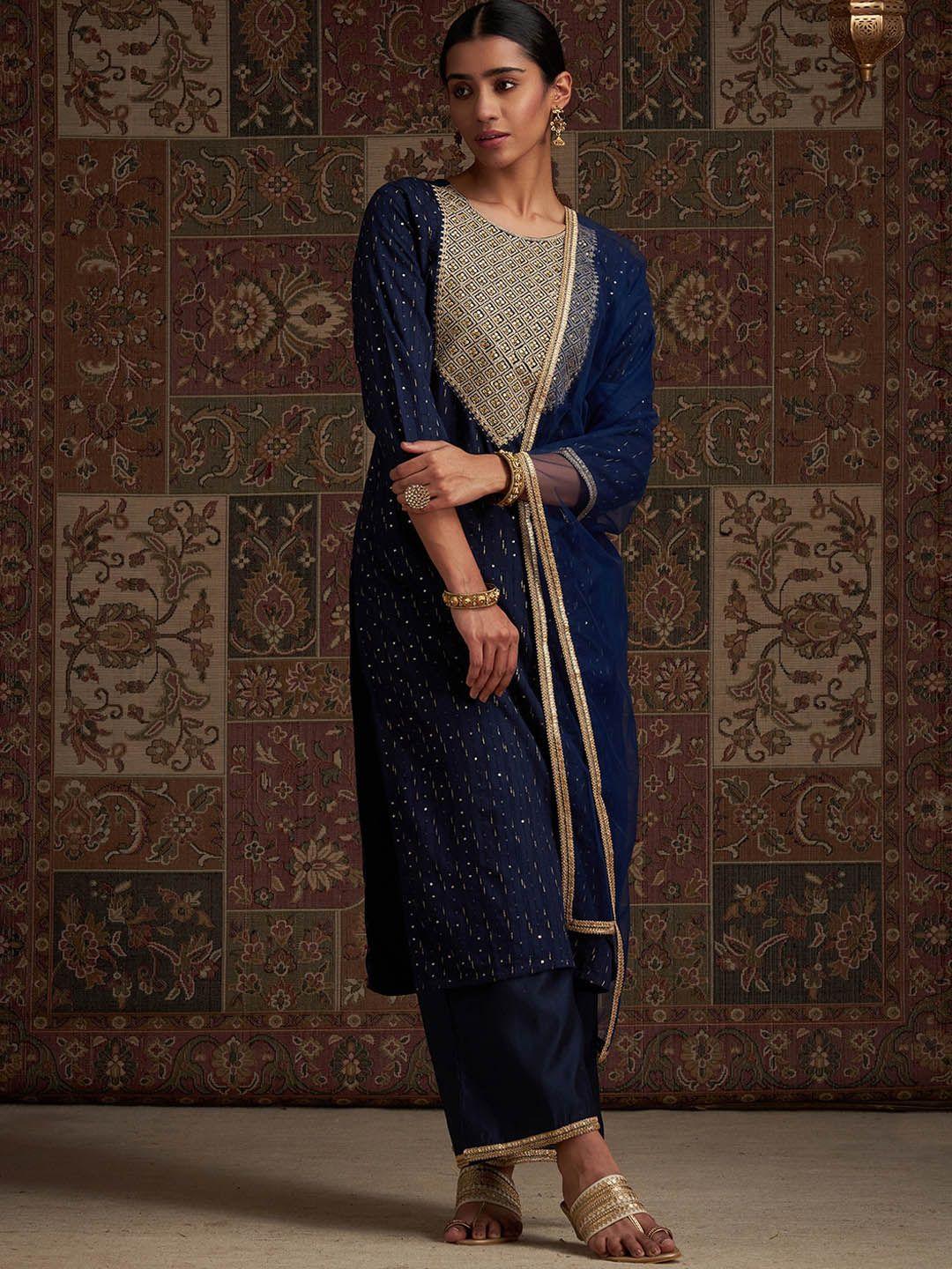 indo era geometric embroidered sequinned liva kurta with palazzos & with dupatta