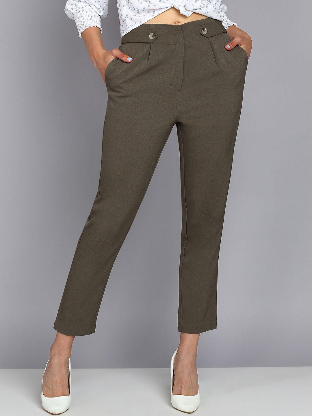 mast & harbour women khaki smart slim fit high-rise pleated regular trousers