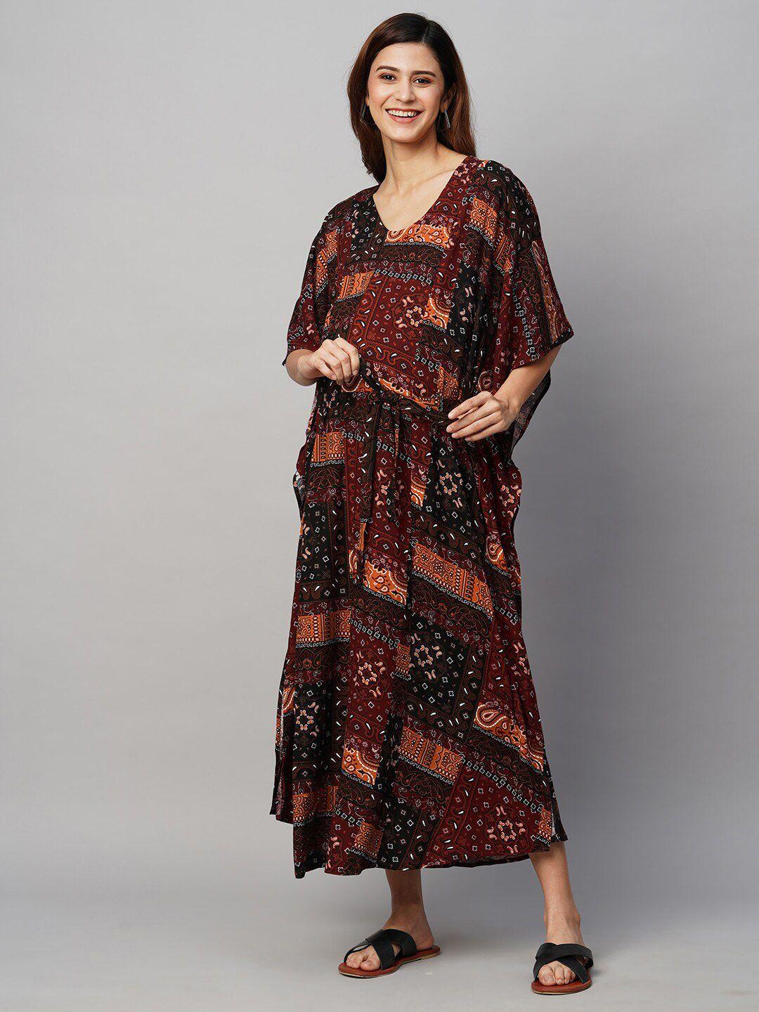 momtobe maroon printed maxi nightdress