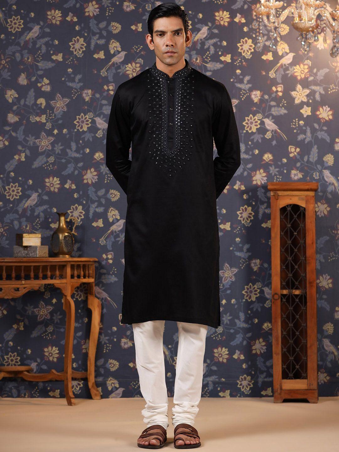 house of pataudi embellished mandarin collar pure cotton straight ethnic kurta