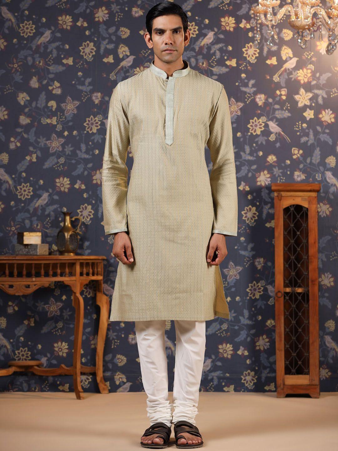 house of pataudi striped woven design mandarin collar jacquard straight ethnic kurta