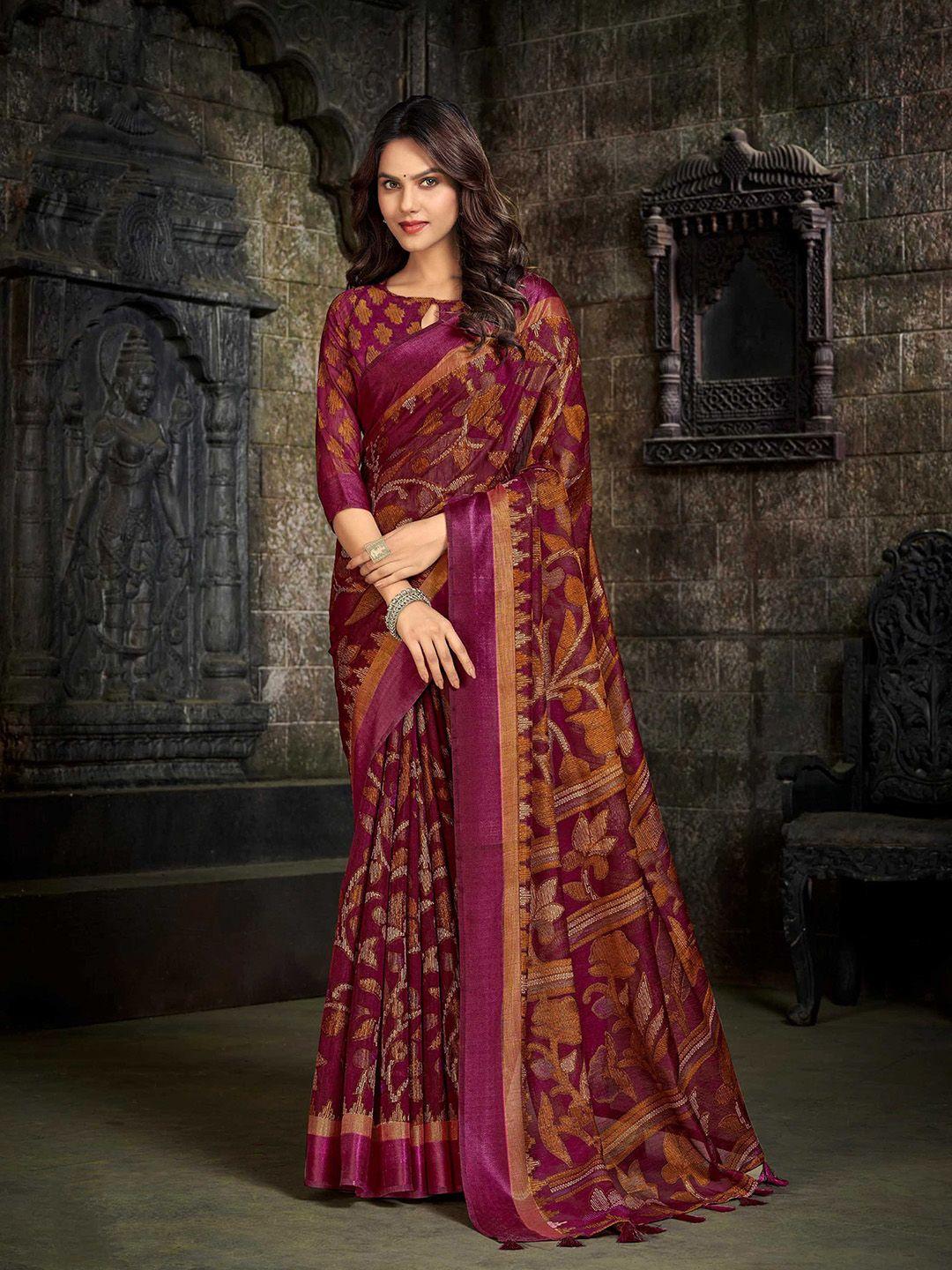 mitera purple & yellow floral pure linen jamdani saree