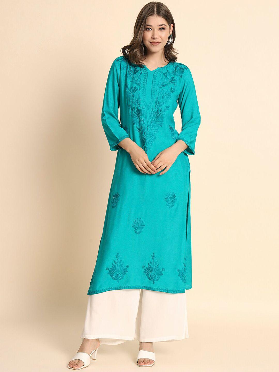 here&now women turquoise blue embroidered keyhole neck flared sleeves chikankari kurta