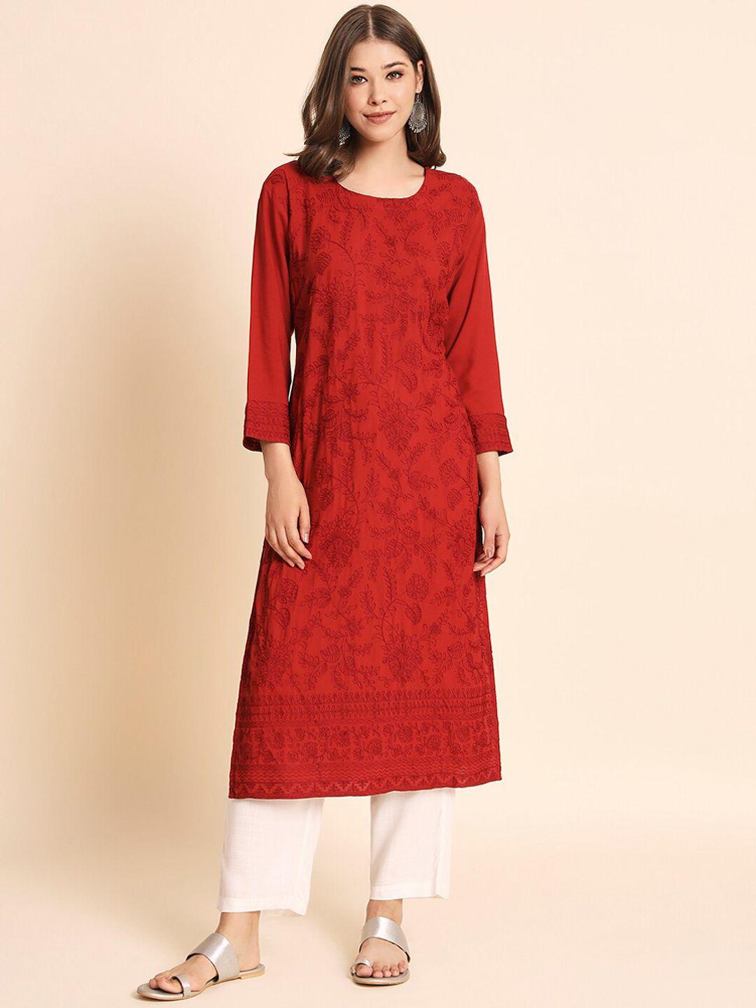 here&now floral embroidered round neck straight kurta