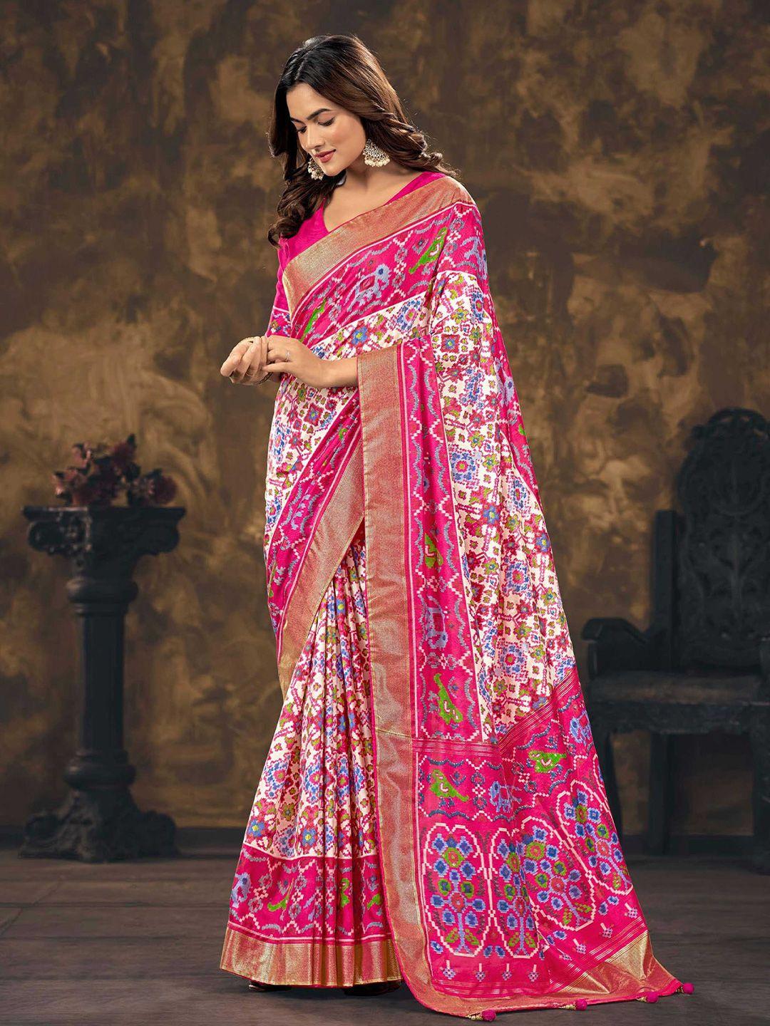 mitera pink & white floral zari silk blend patola saree