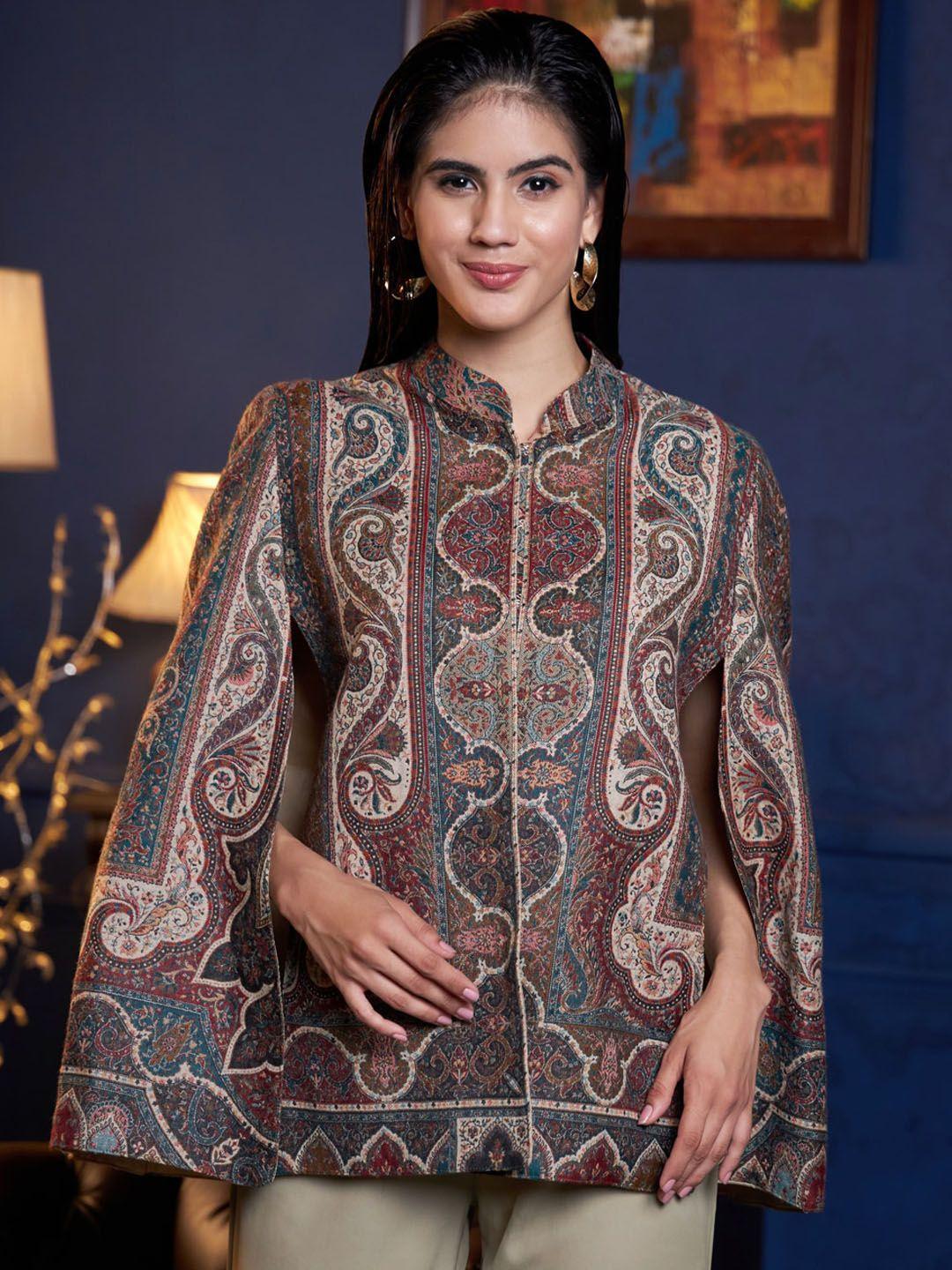 zamour abstract printed longline jacquard cape jacket with embroidered