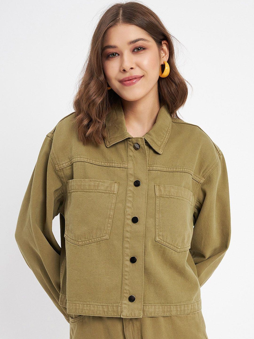 madame women olive green denim jacket