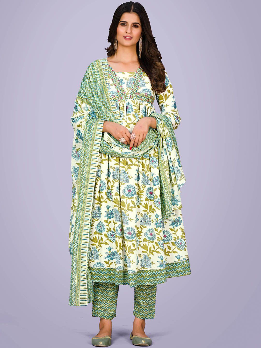 navlik floral printed regular empire anarkali kurta & trousers with dupatta