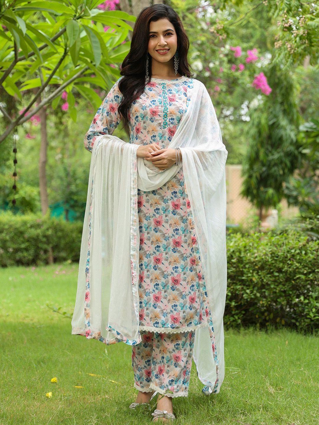 pinkville jaipur floral printed thread work pure cotton kurta with trousers & dupatta