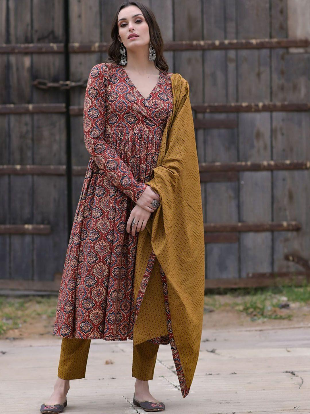 metro-fashion ethnic motifs printed regular pure cotton kurta with trousers & dupatta