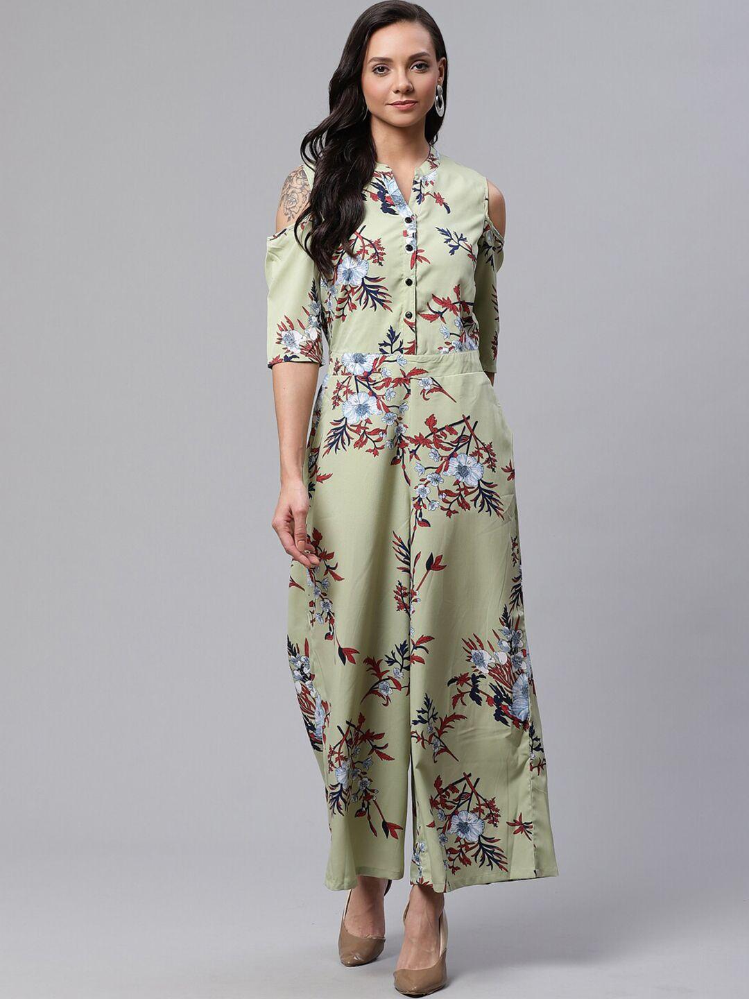 dressberry green floral print cold-shoulder crepe maxi dress