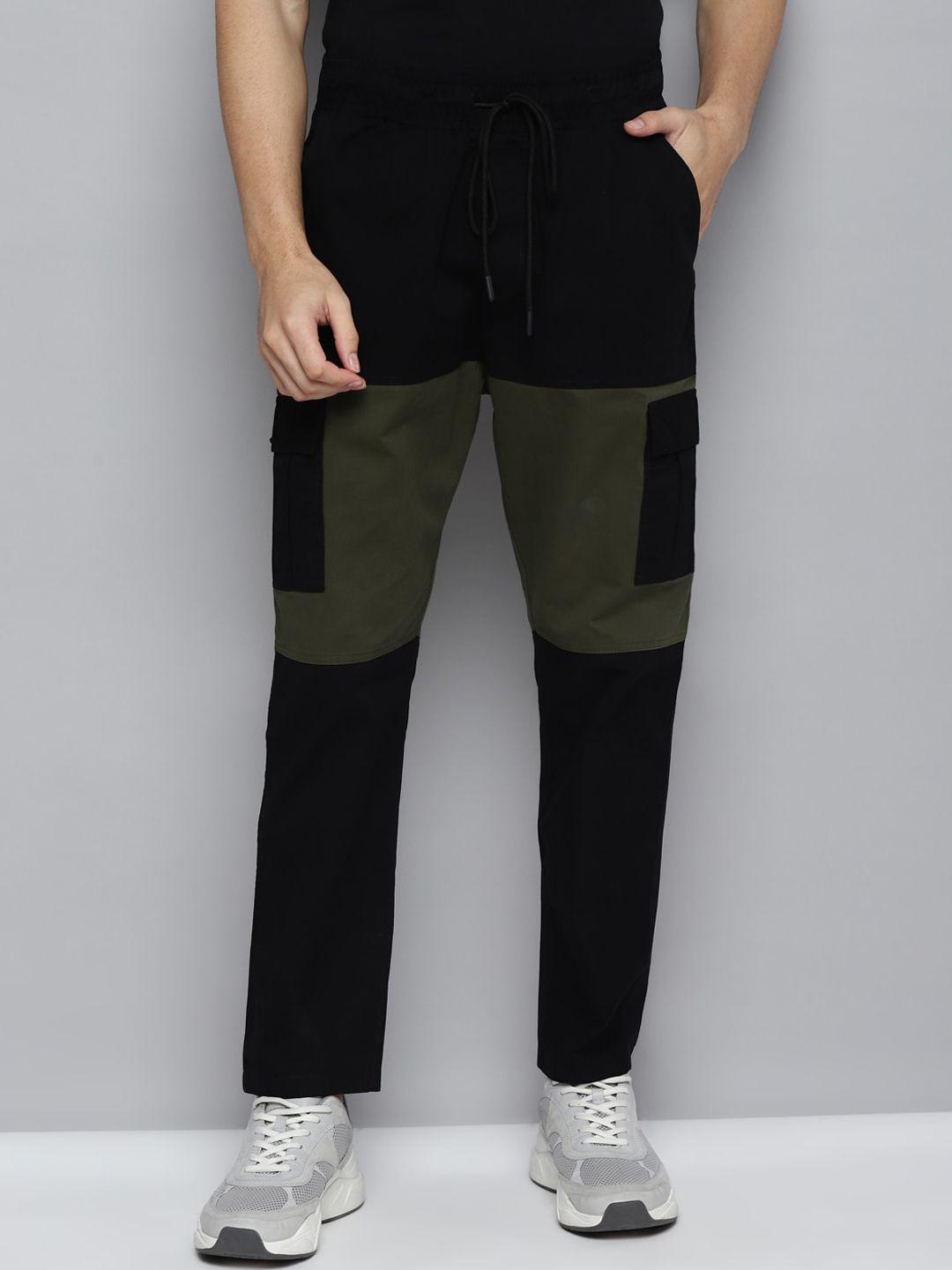 kook n keech men olive green & black colourblocked mid-rise cotton track pants