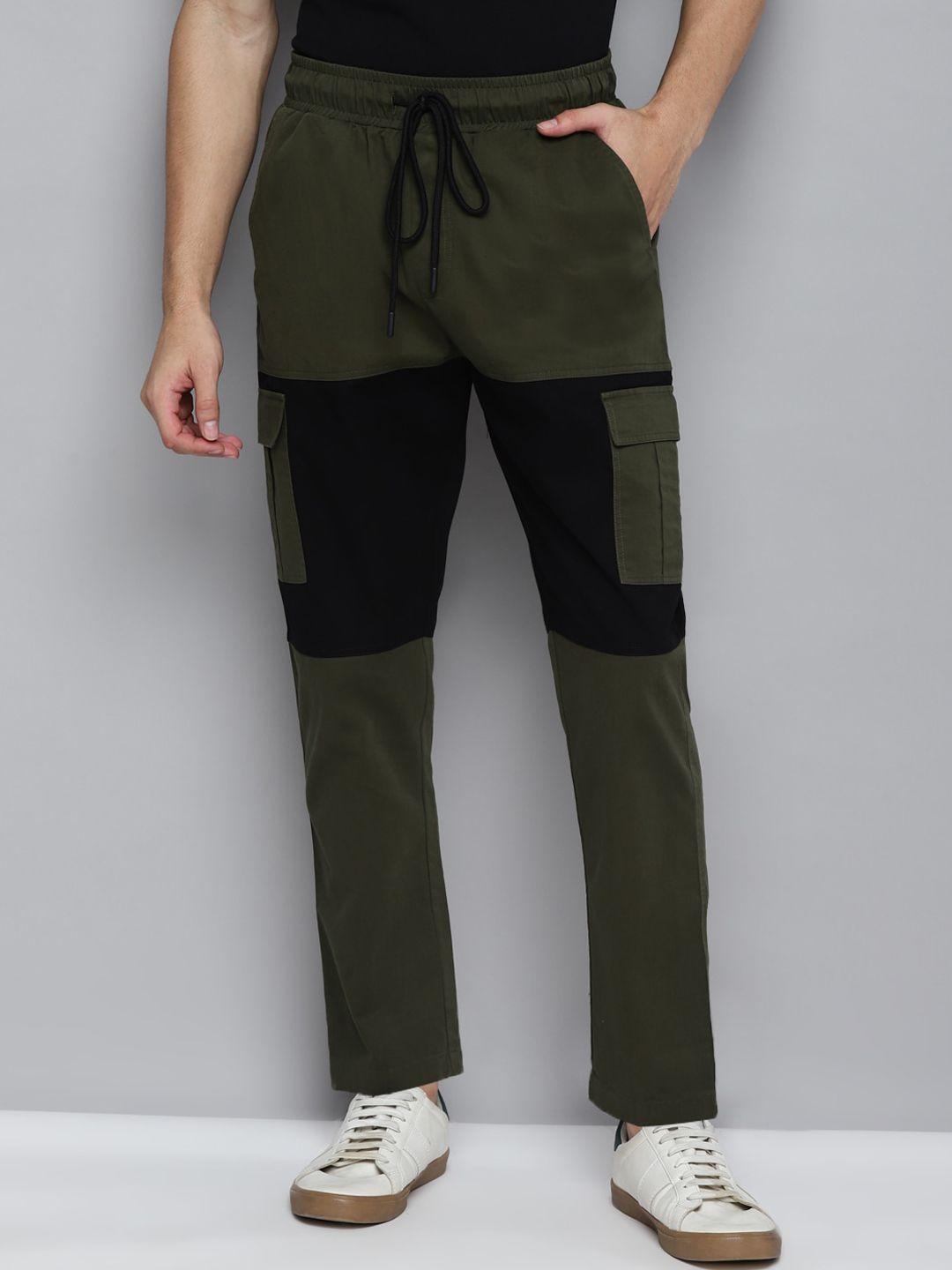 kook n keech men olive green & black colourblocked cotton track pants