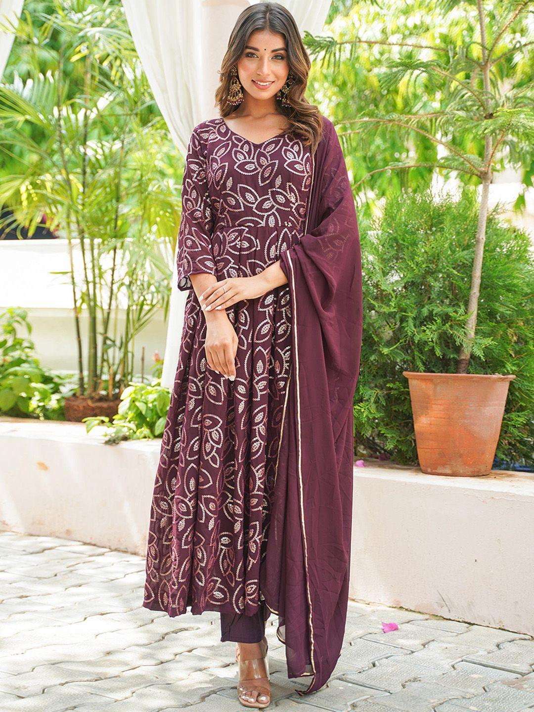 estela women burgundy floral embroidered regular kurta with trousers & with dupatta