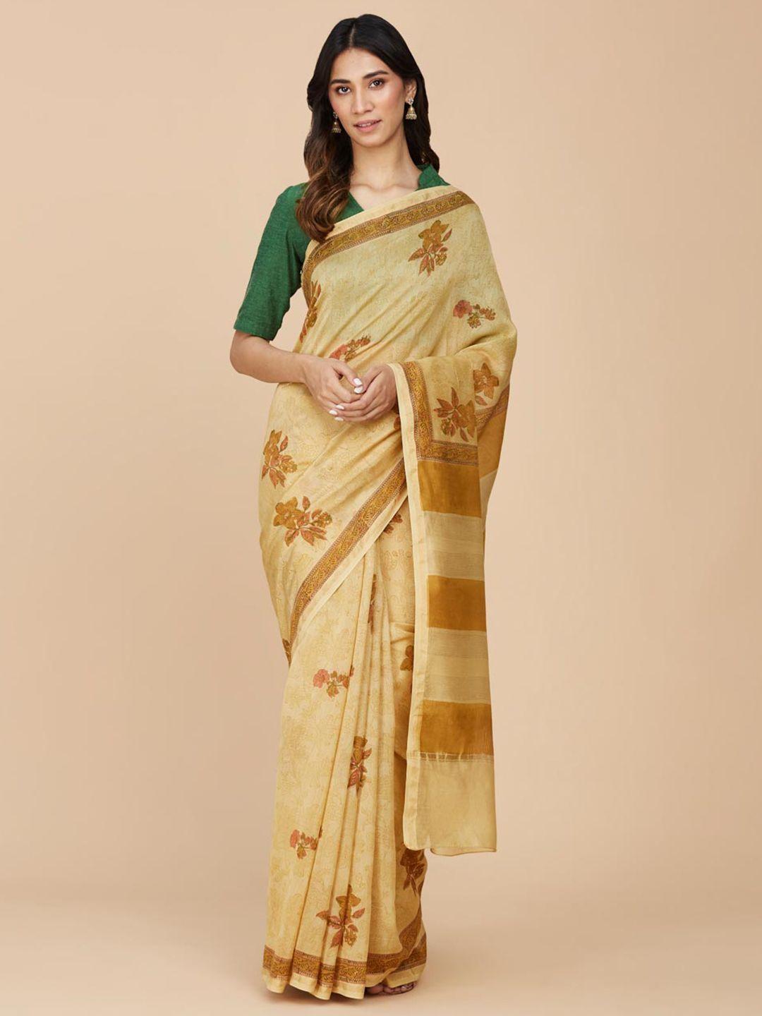 fabindia floral block printed silk cotton saree