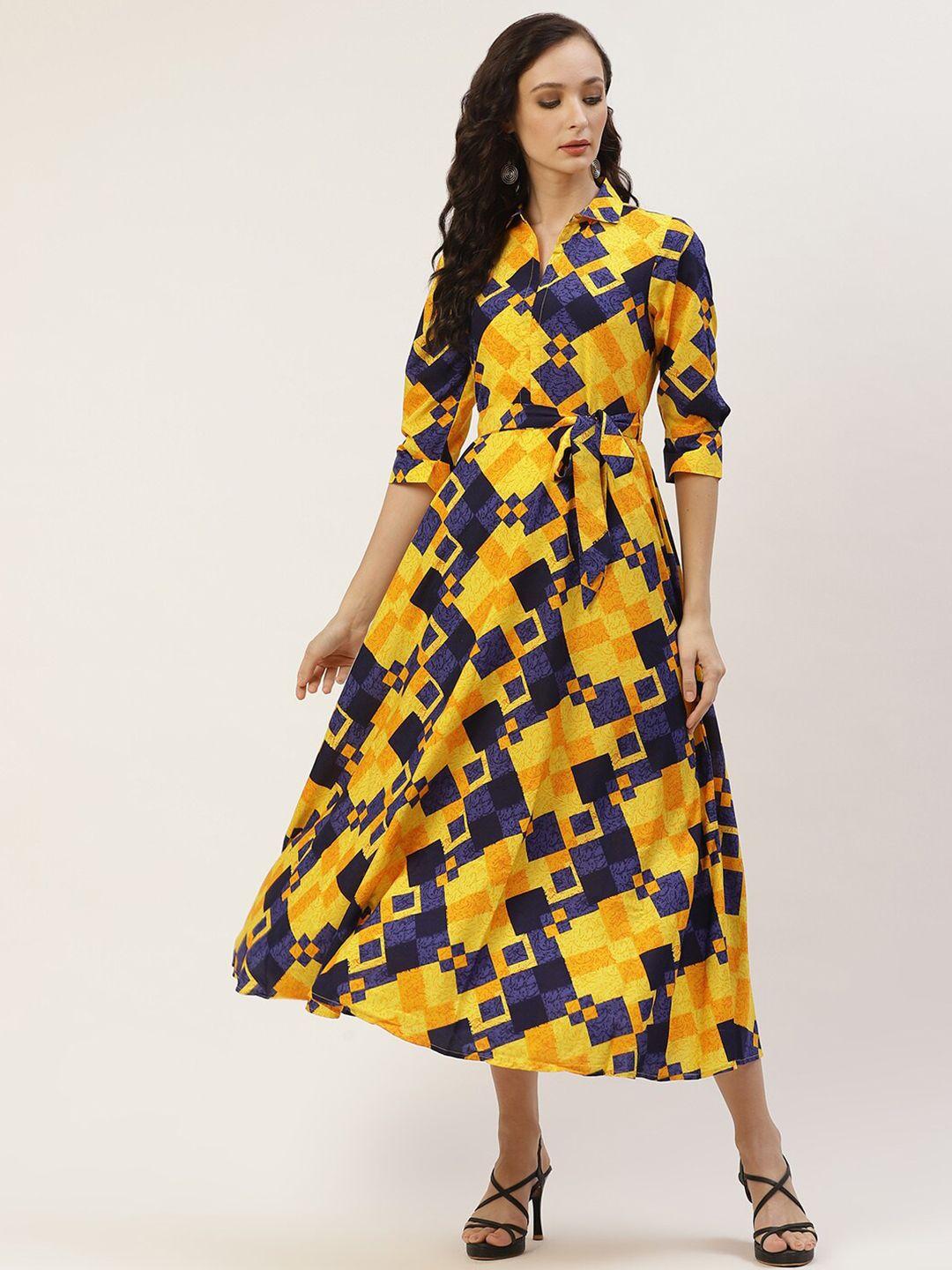 dressberry yellow geometric printed shirt collar georgette fit & flare dress