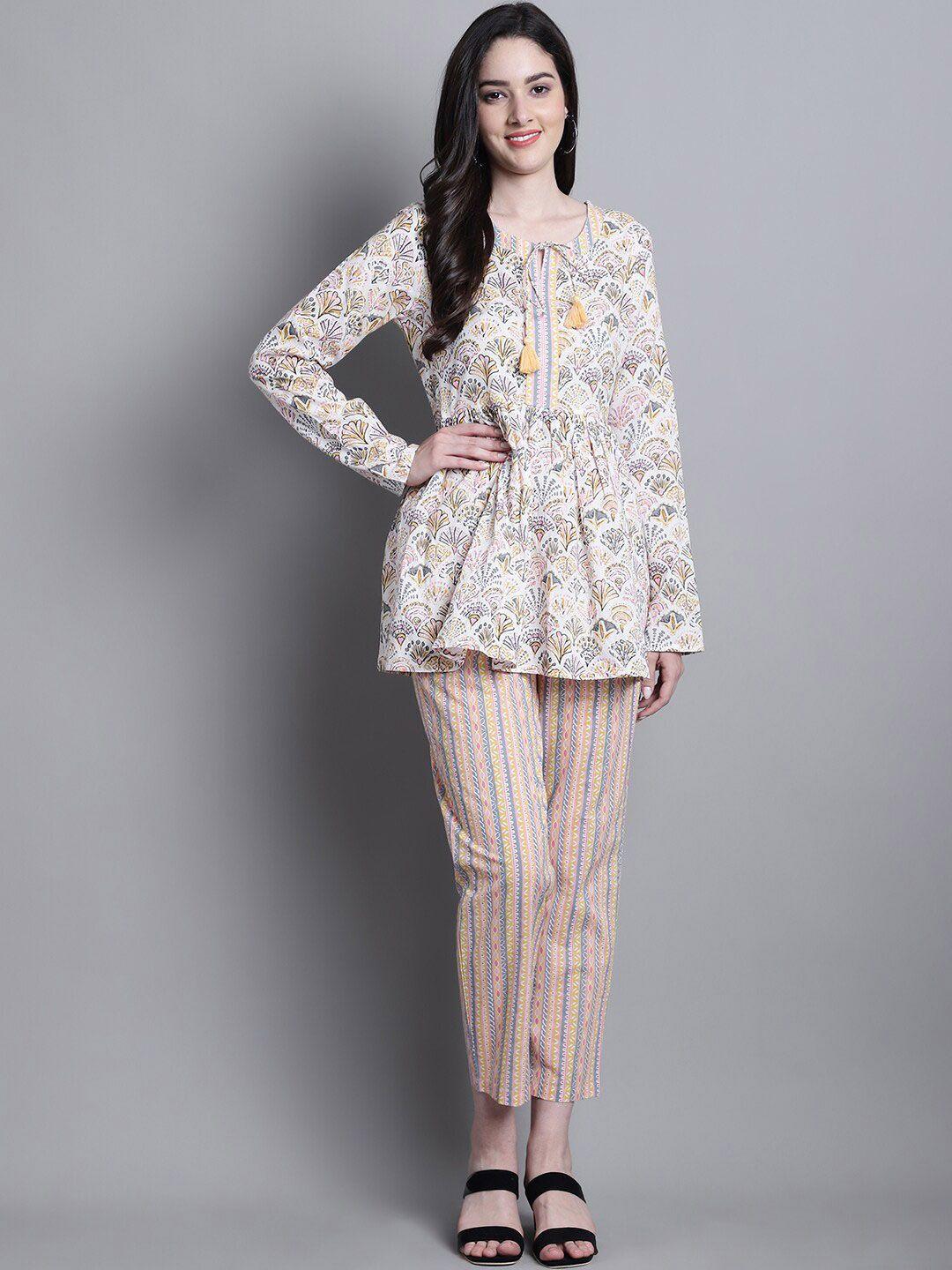 prakrti floral printed pure cotton gathered detail longline a-line top with trousers