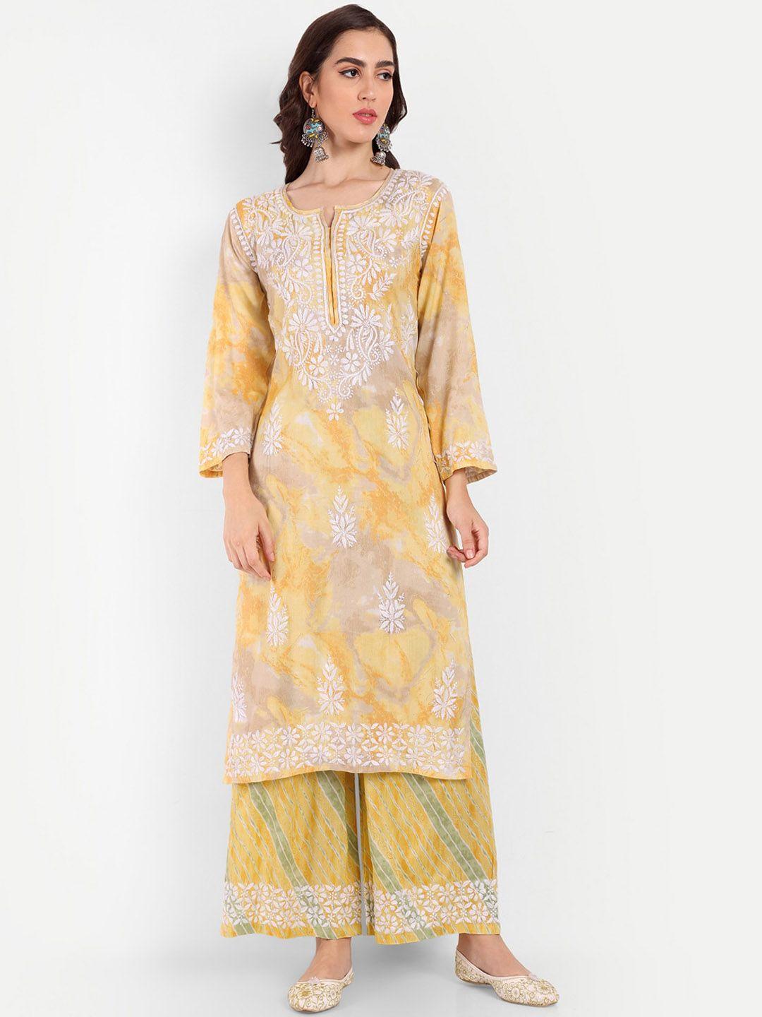 indiankala4u floral embroidered regular chikankari kurta with palazzos