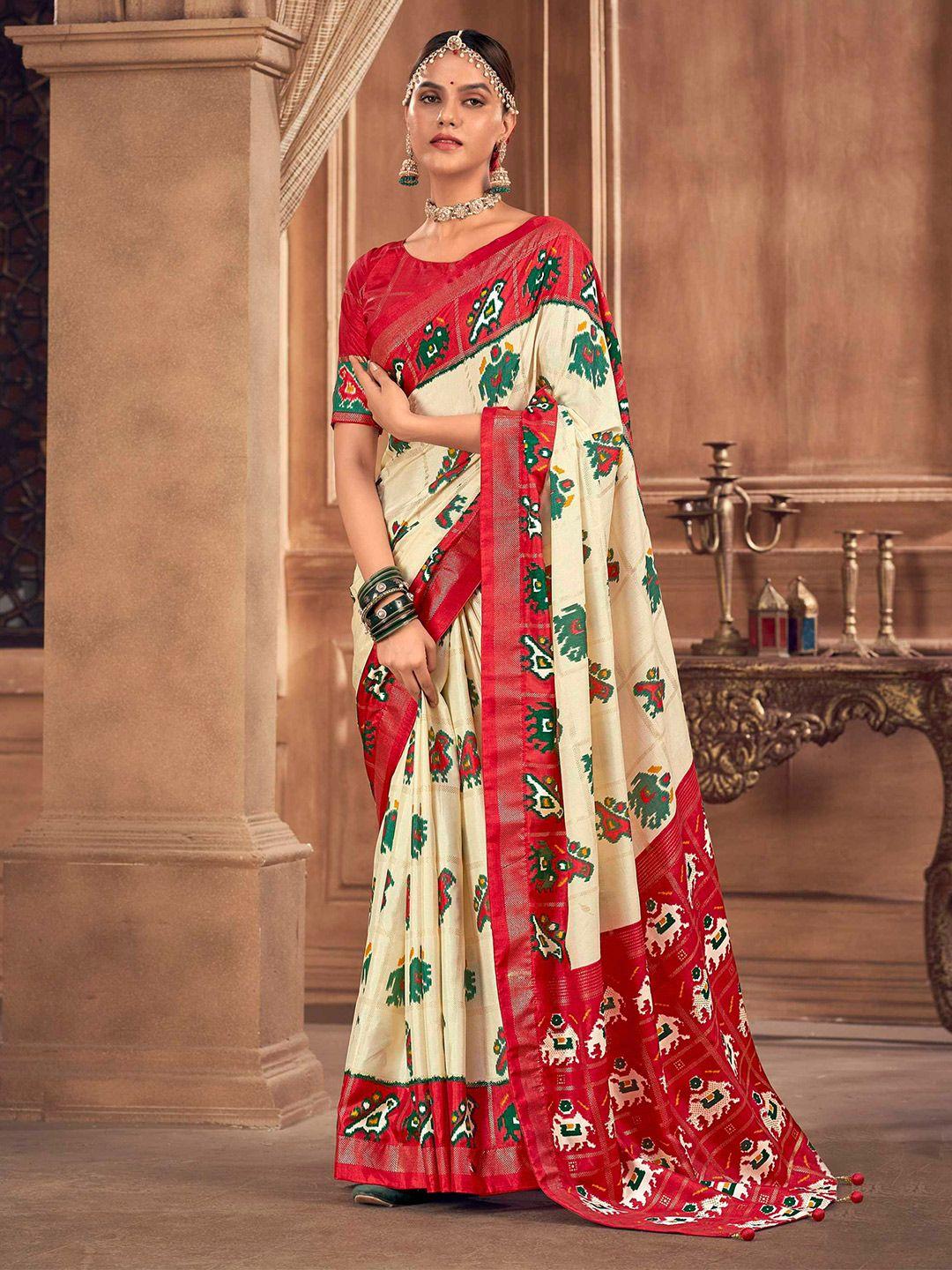 mitera white & red embellished silk blend patola saree