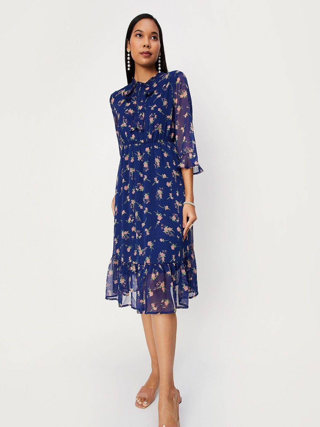 max floral printed tie-up neck a-line dress