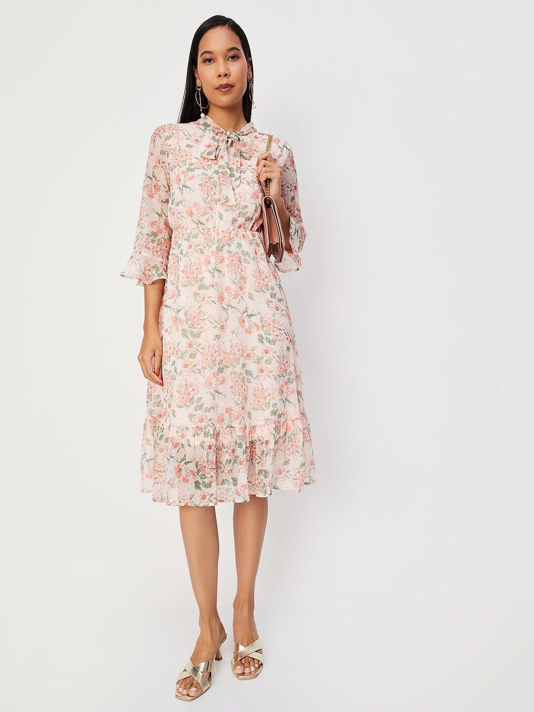 max floral printed tie-up neck fit and flare dress