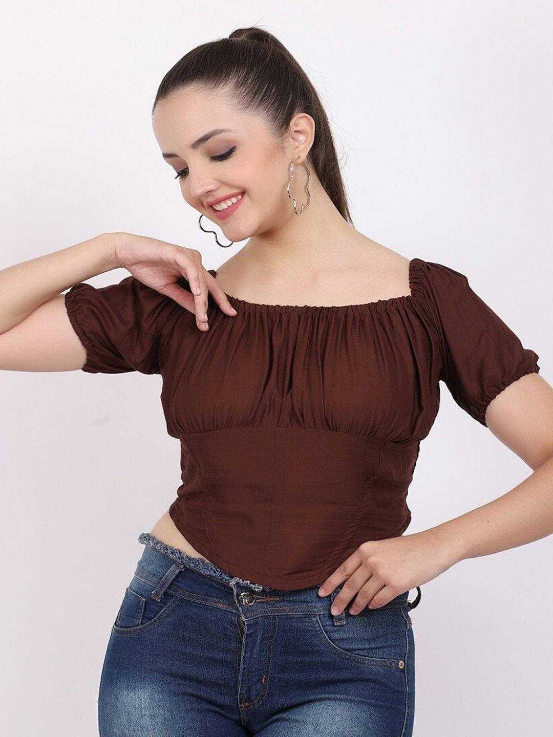 baesd square neck puff sleeve gathered regular crop top