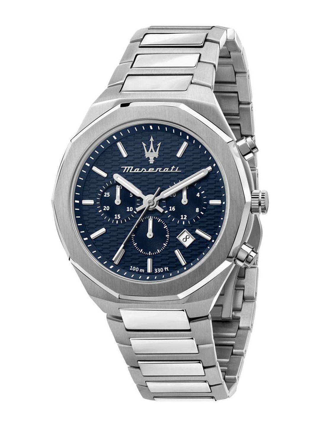 maserati men blue dial & silver toned stainless steel bracelet style straps analogue watch r8873642006