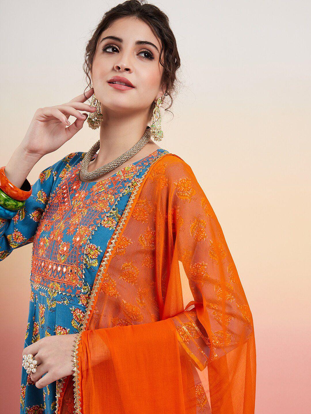 sangria ethnic motifs printed pure cotton a-line kurta with trousers & dupatta