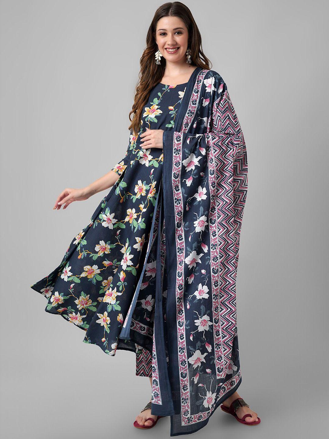 arayna floral printed anarkali pure cotton kurta with palazzos & dupatta