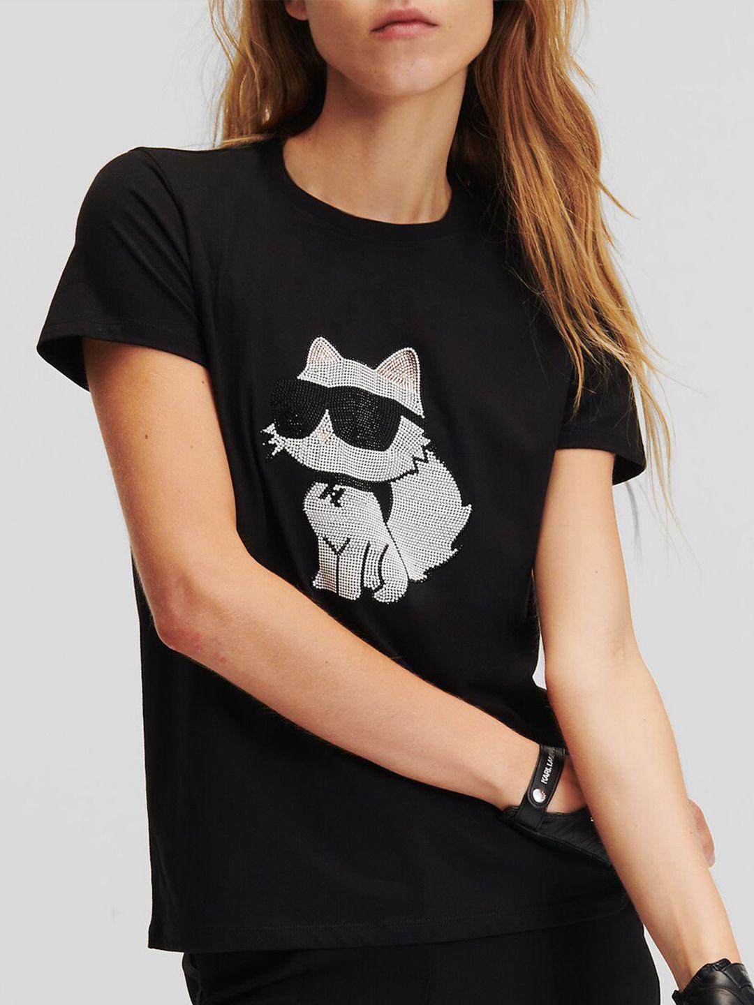 karl lagerfeld round neck embellished cotton casual t-shirt