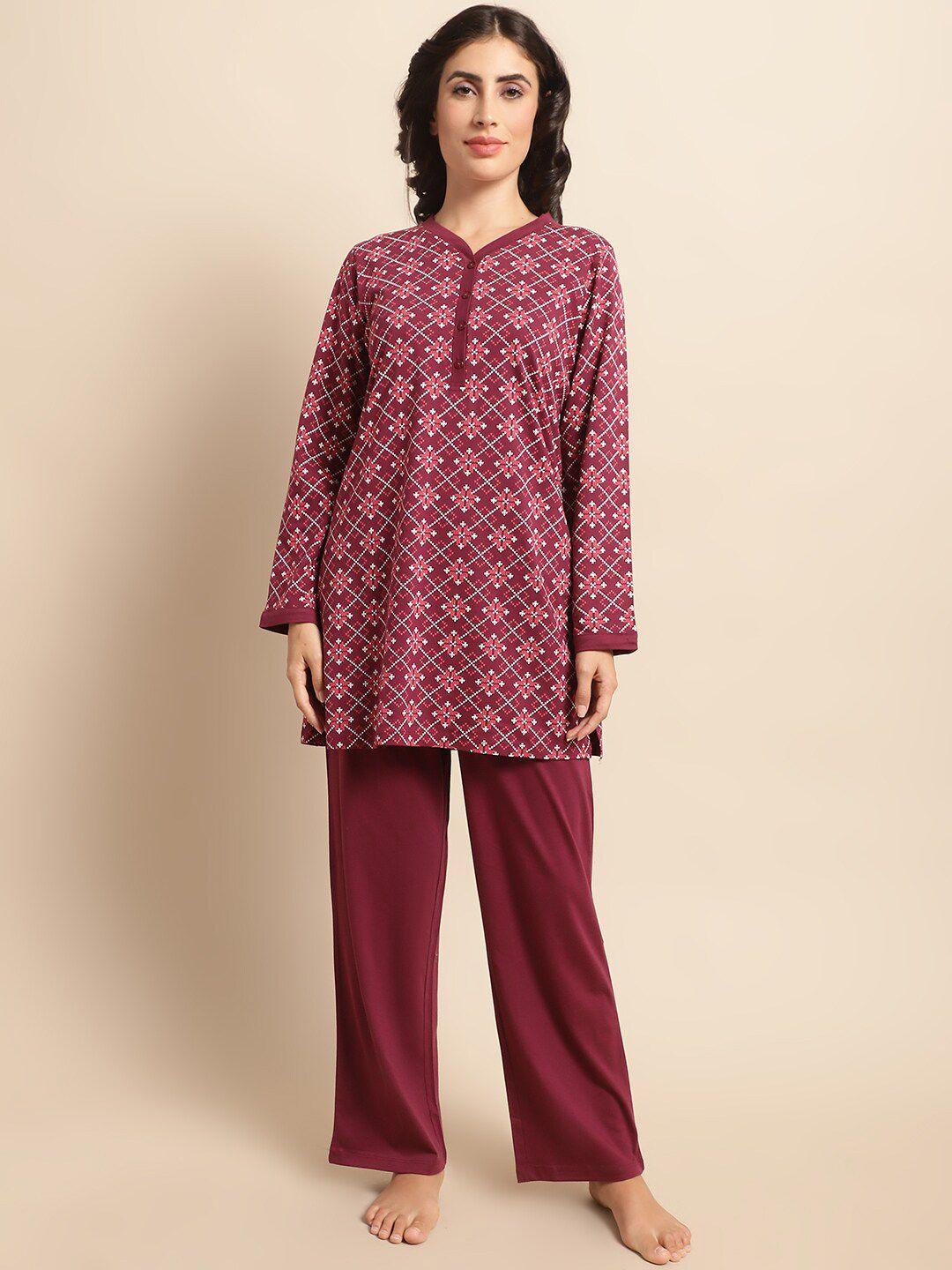 kanvin maroon & white ethnic motifs printed night suit