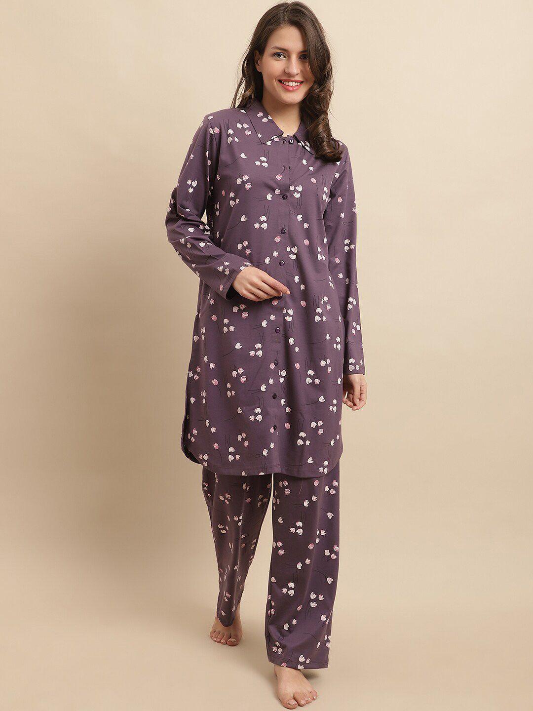 kanvin purple & white floral printed pure cotton night suit